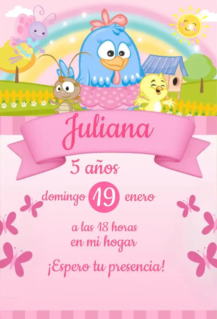 Invitación Gallina Pintadita Rosa Blanco – tema Más buscados rosa, blanco, brillantina, infantil, candy, divertido