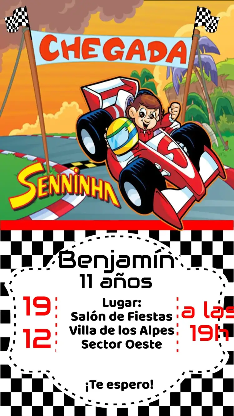 Invitación Senninha – tema Cumpleaños Infantil colores vibrantes, estilo divertido, elementos de carrera, gráficos animados, tema infantil, diseño interactivo