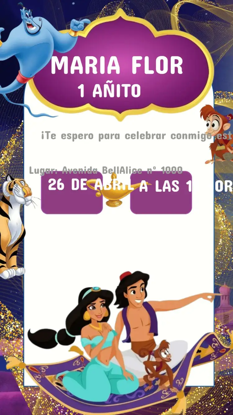 Invitación Invitación Cumpleaños Princesa Jasmine – tema Cumpleaños Infantil colores vibrantes, elementos del Oriente, estilo mágico, detalles en dorado, ilustraciones infantiles, estilo lúdico
