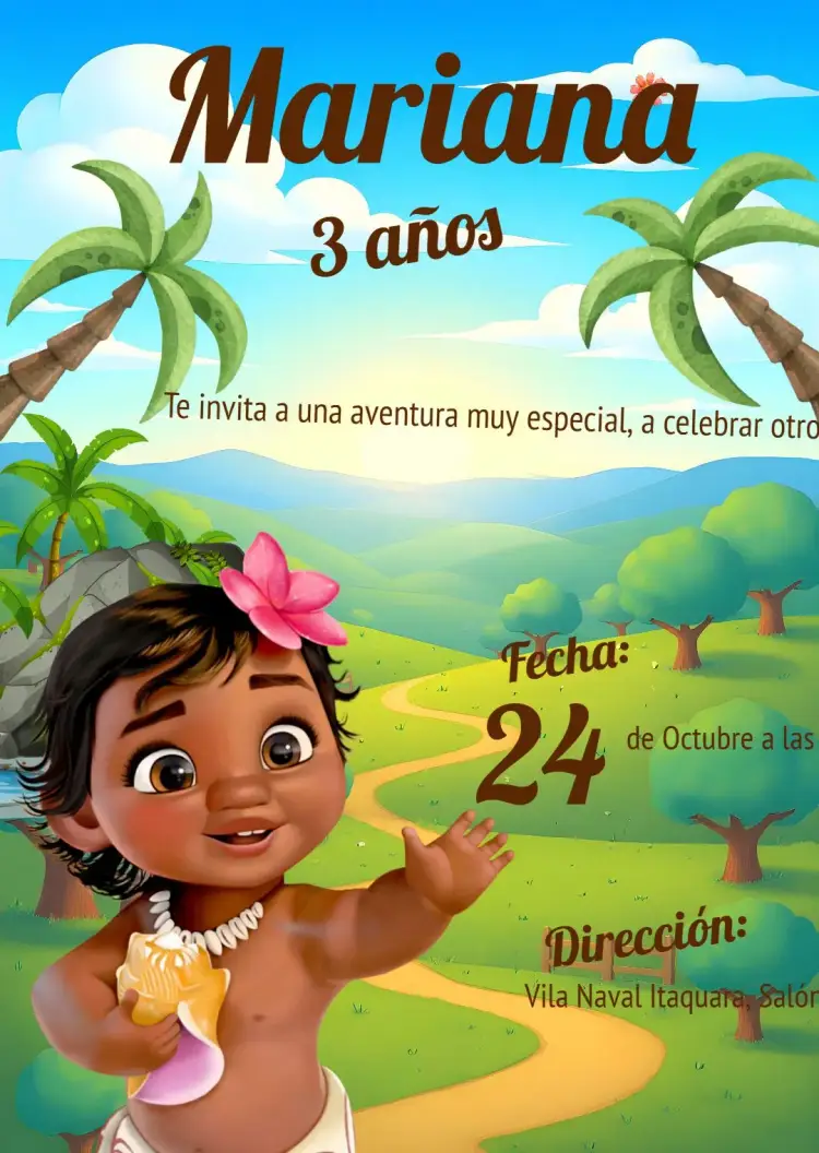 Invitación Moana Baby Motonu editable y personalizable