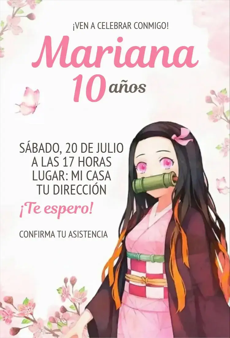 Invitación Nezuko Kamado 1 – tema Cumpleaños Infantil colorido, jovial, de fantasía, anime, divertido