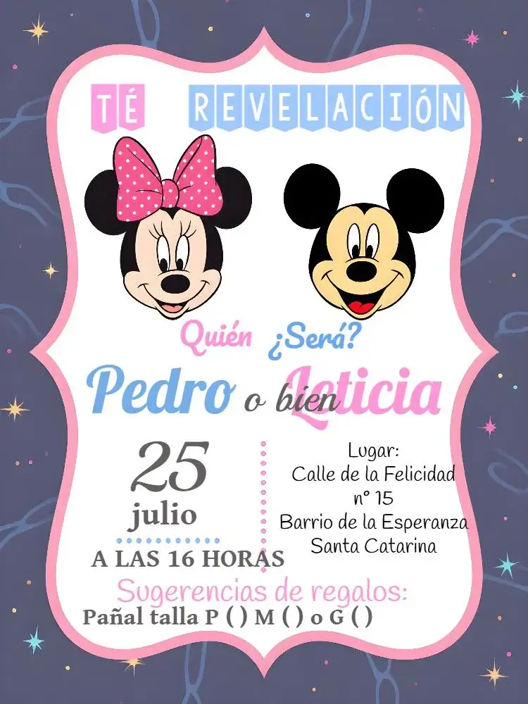 Invitación Baby Shower Mickey y Minnie Revelación / – tema Revelación Bebé divertido, colorido, infantil, temático, alegre