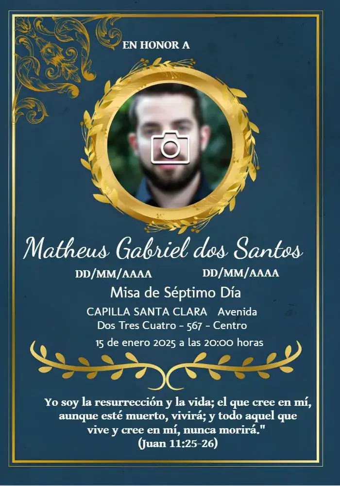 Invitación Misa De Séptimo Día Con Foto Negro. editable y personalizable