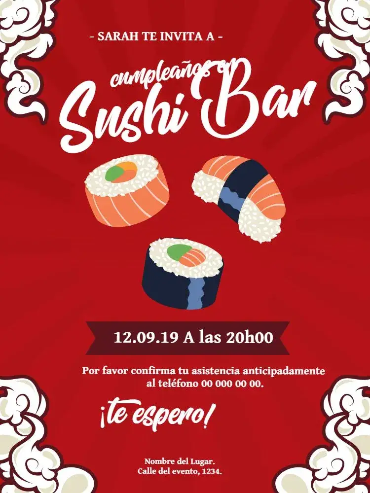 Invitación Celebración de Sushi – tema Cumpleaños rojo, moderno, gastronómico, divertido, minimalista