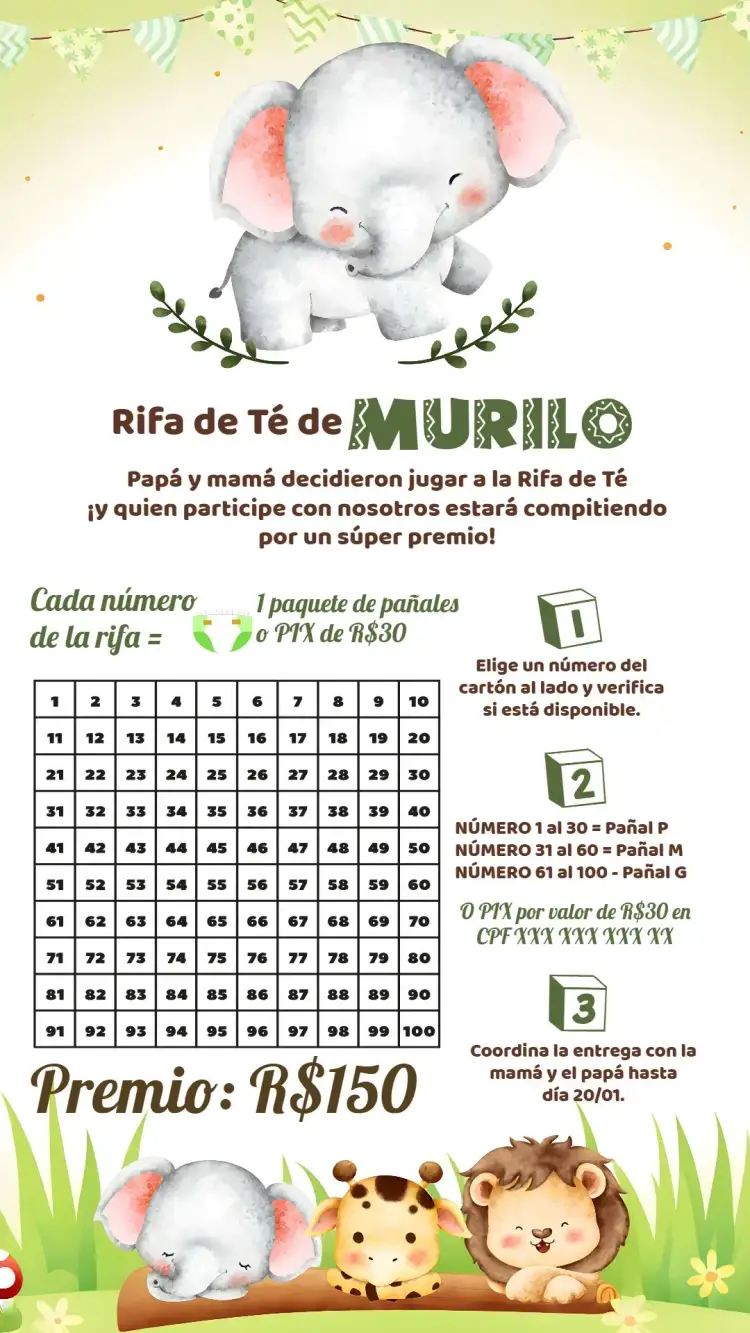 Invitación Té Rifa Elefantito Cha – tema Té Rifa safari, colorido, divertido, animales, moderno, temático