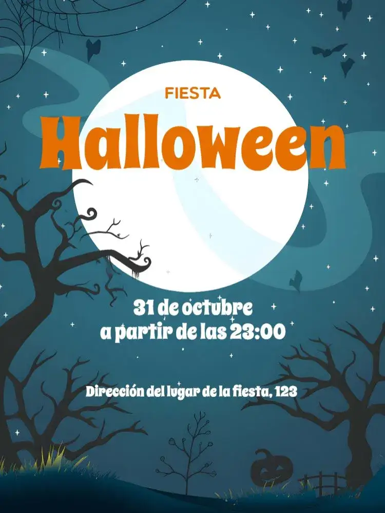 Invitación Halloween Azul – tema Fechas Conmemorativas azul, naranja, de fantasía, murciélagos, mágico, divertido