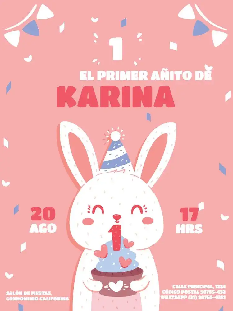 Invitación Infantil Femenino Conejita 1 Año Confeti – tema Cumpleaños Infantil lúdico, femenino, colores suaves, divertido, moderno, colorido