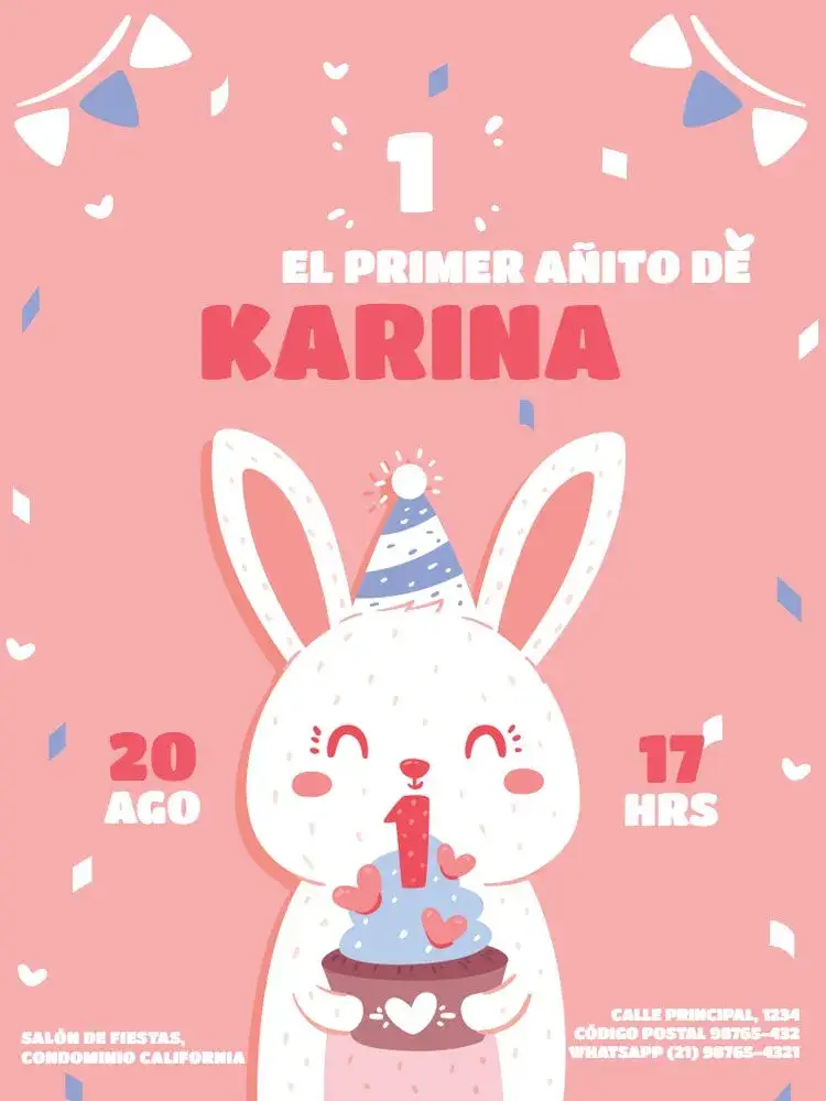 Invitación Infantil Femenino Conejita 1 Año Confeti
