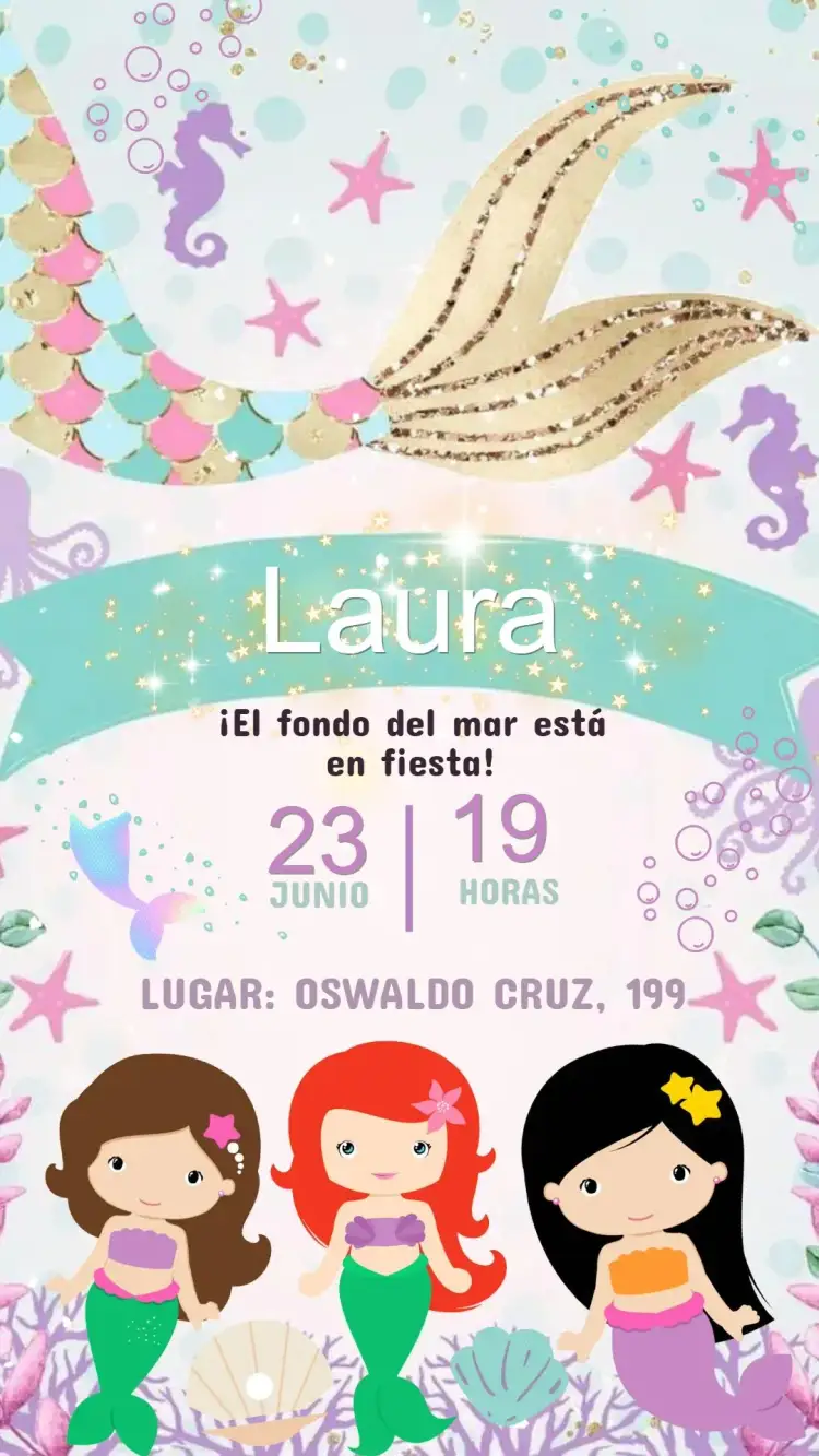 Invitación Invitación Cumpleaños Sirena Fondo del Mar – tema Cumpleaños Infantil colores pasteles, elementos marinos, estilo lúdico, diseño vibrante, ilustraciones de sirenas