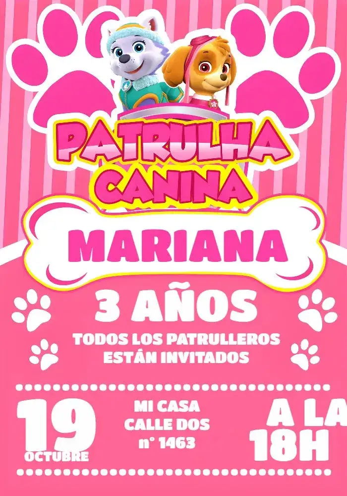 Invitación Patrulla Canina Rosa – tema Cumpleaños Infantil rosa, rosa, divertido, temático, colorido, infantil