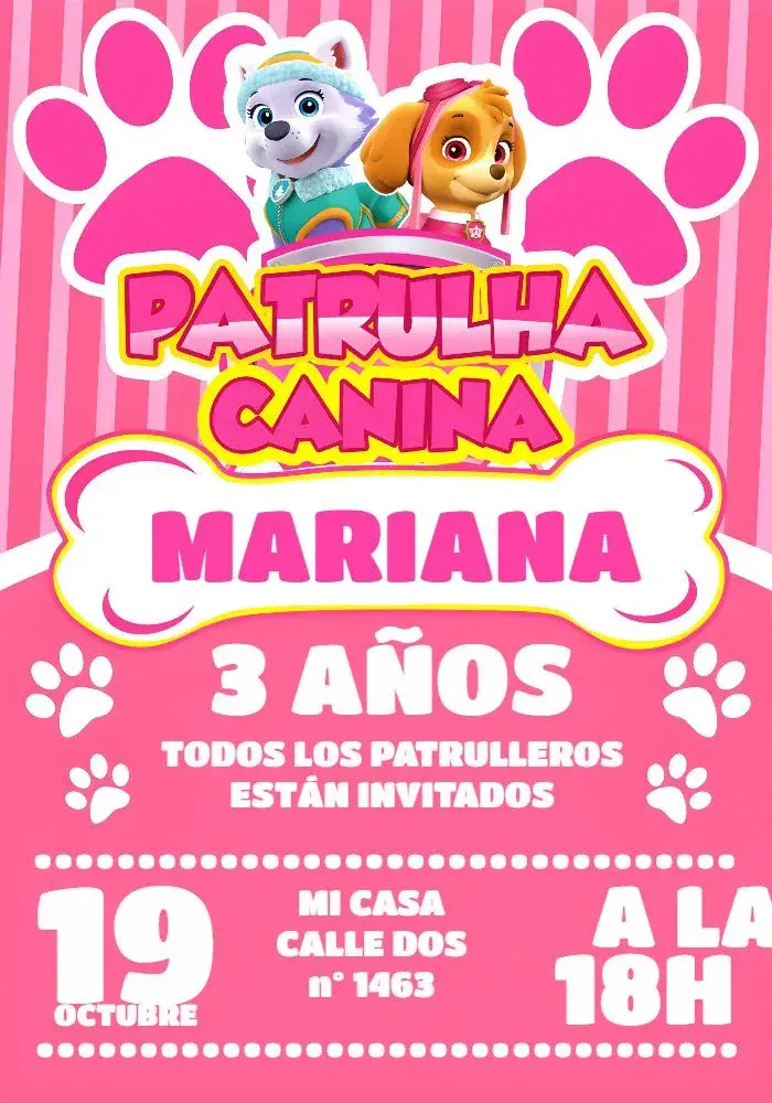 Invitación Patrulla Canina Rosa editable y personalizable