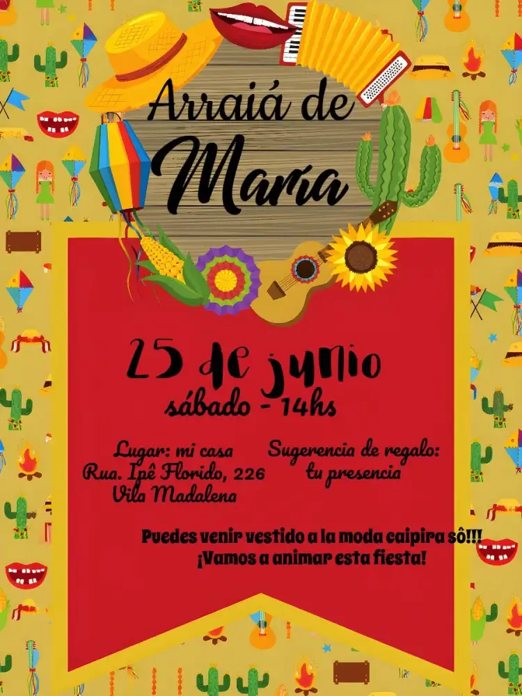 Invitación Arraiá Fiesta Junina Milho – tema Fechas Conmemorativas colorido, vintage, rústico, caipira, festivo, tradicional
