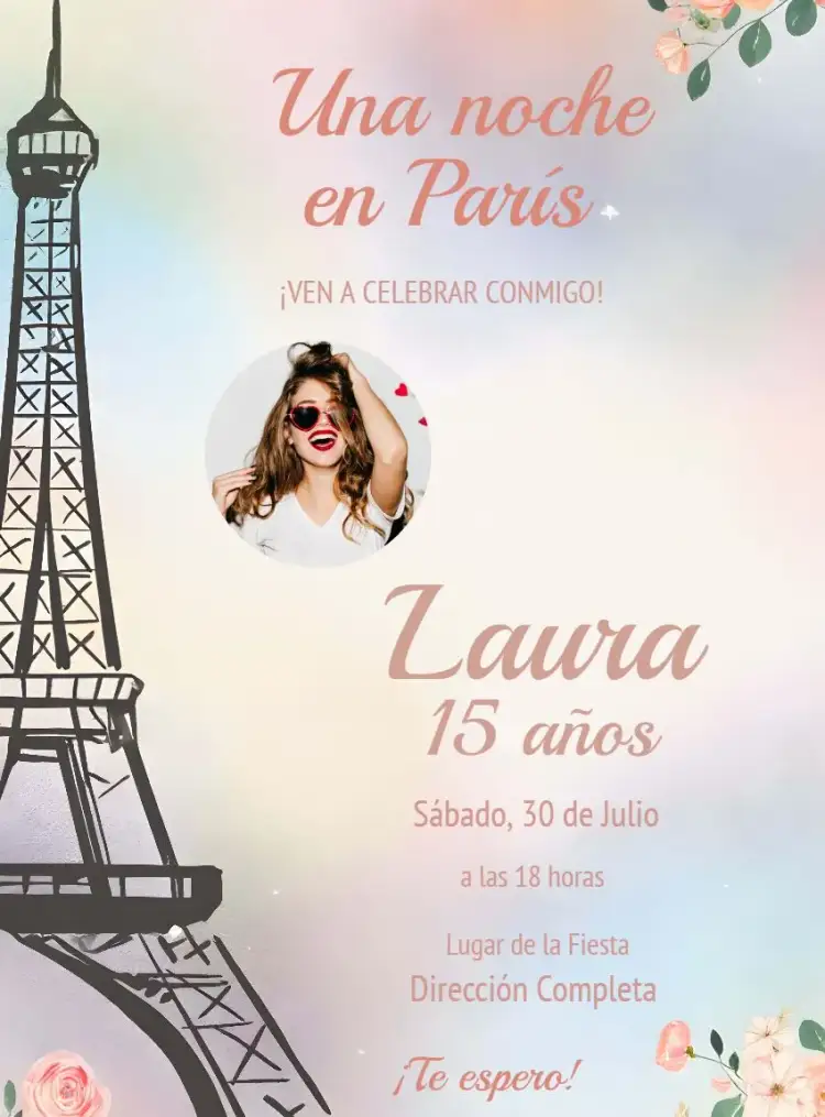 Invitación Paris Floral Con Foto Fiesta – tema Cumpleaños floral, elegante, moderno, parisiense, colorido, romântico