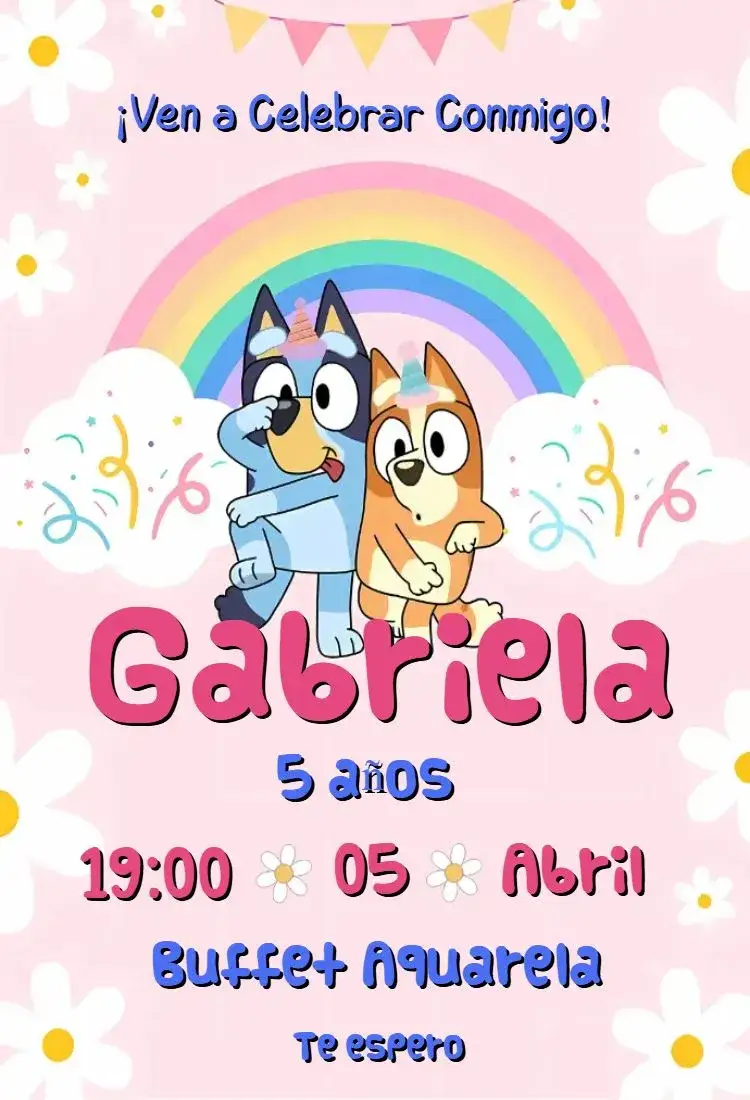 Invitación Bluey y Bingo – tema Cumpleaños Infantil colorido, divertido, lúdico, infantil, animado
