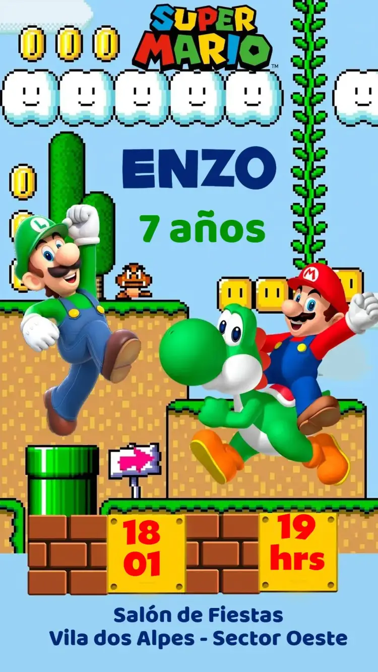 Invitación Super Mario – tema Cumpleaños Infantil colorido, divertido, temático, juegos, vintage, moderno