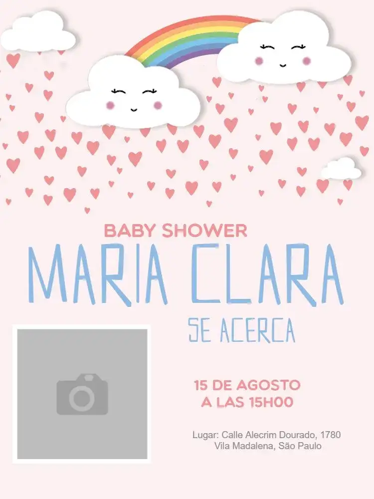 Invitación Baby Shower Celebration – tema Baby Shower rosa, nubes, lluvia, arcoíris, corazones, infantil