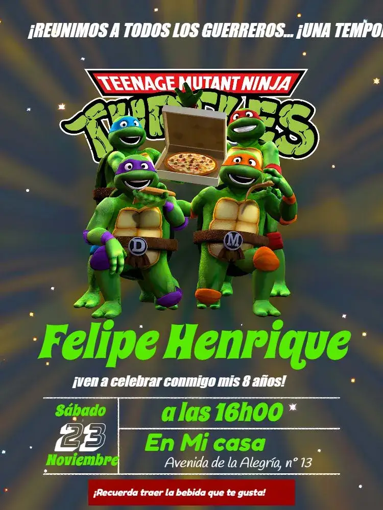 Invitación Logotipo de las Tortugas Ninja – tema Más buscados moderno, colorido, divertido, infantil, animado