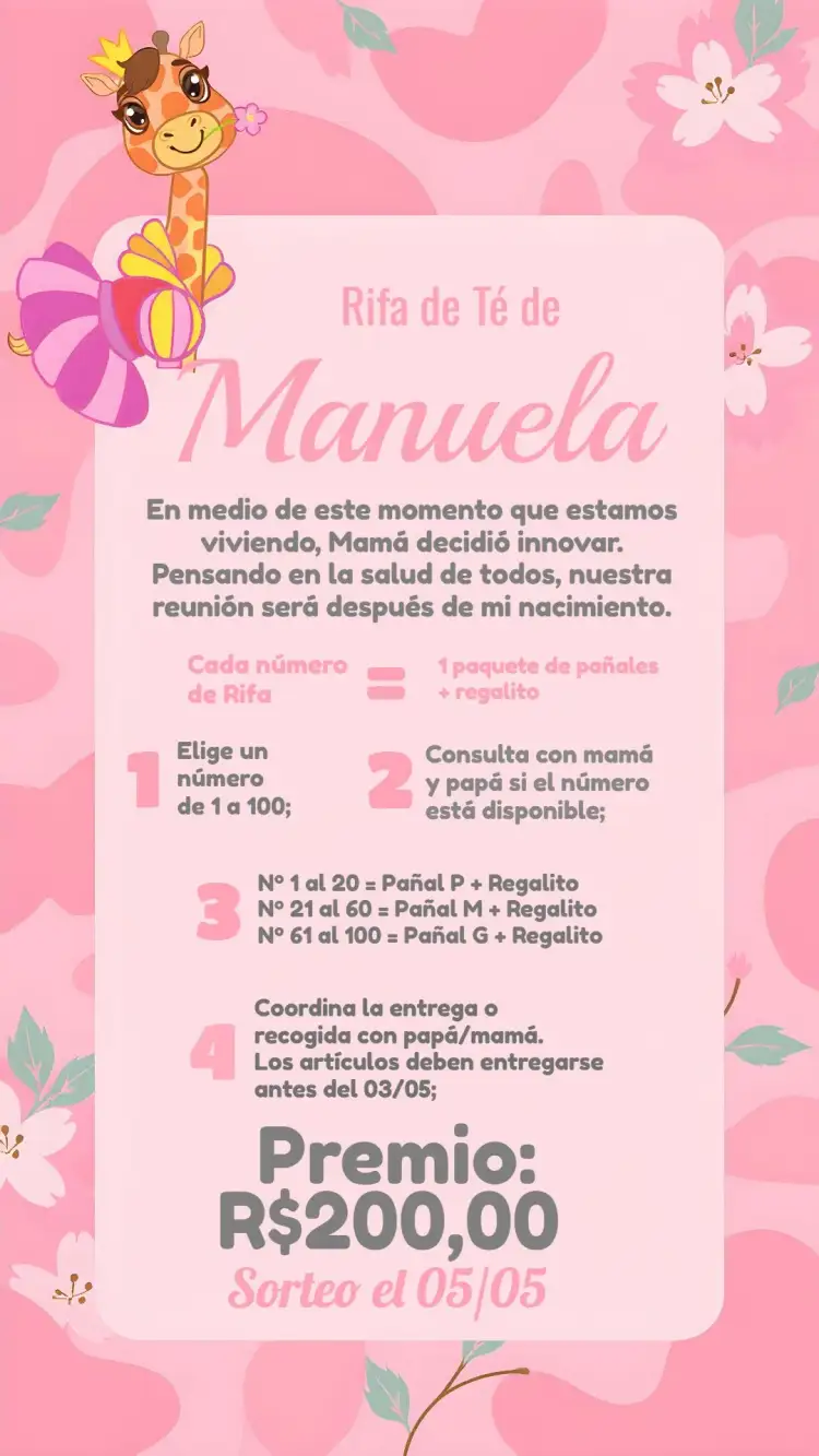 Invitación Té Rifa Jirafita Safari – tema Té Rifa jirafa, safari, rosa y gris, nubes, infantil, divertido