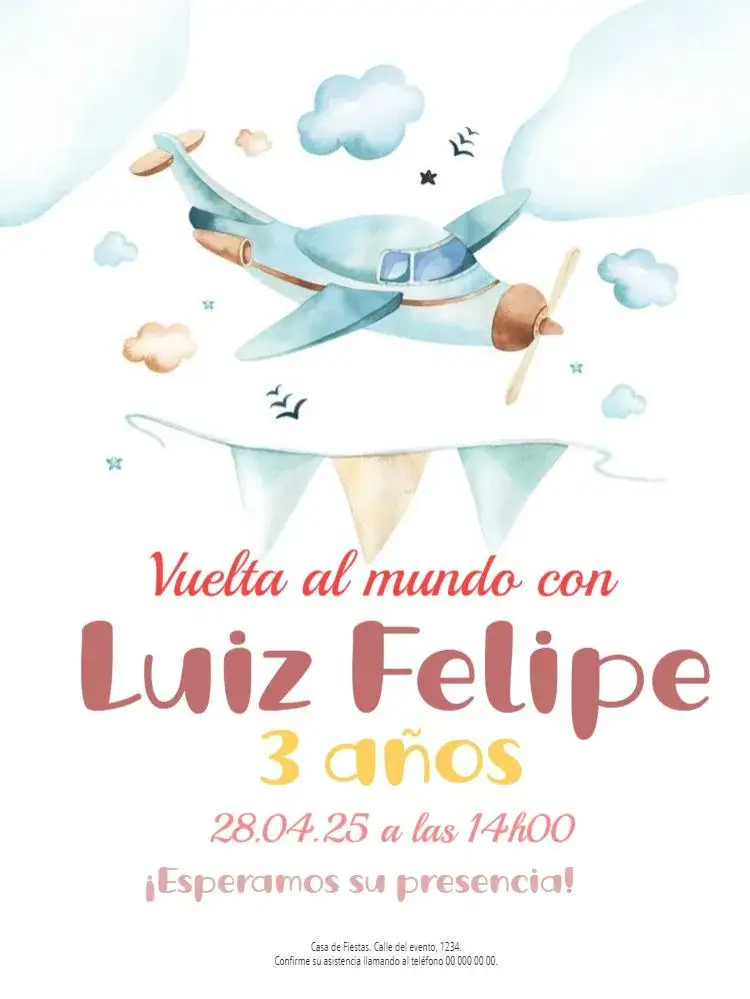Invitación Vuelta Al Mundo Para Editar Online Digital – tema Cumpleaños Infantil colorido, aventura, viaje, moderno, divertido