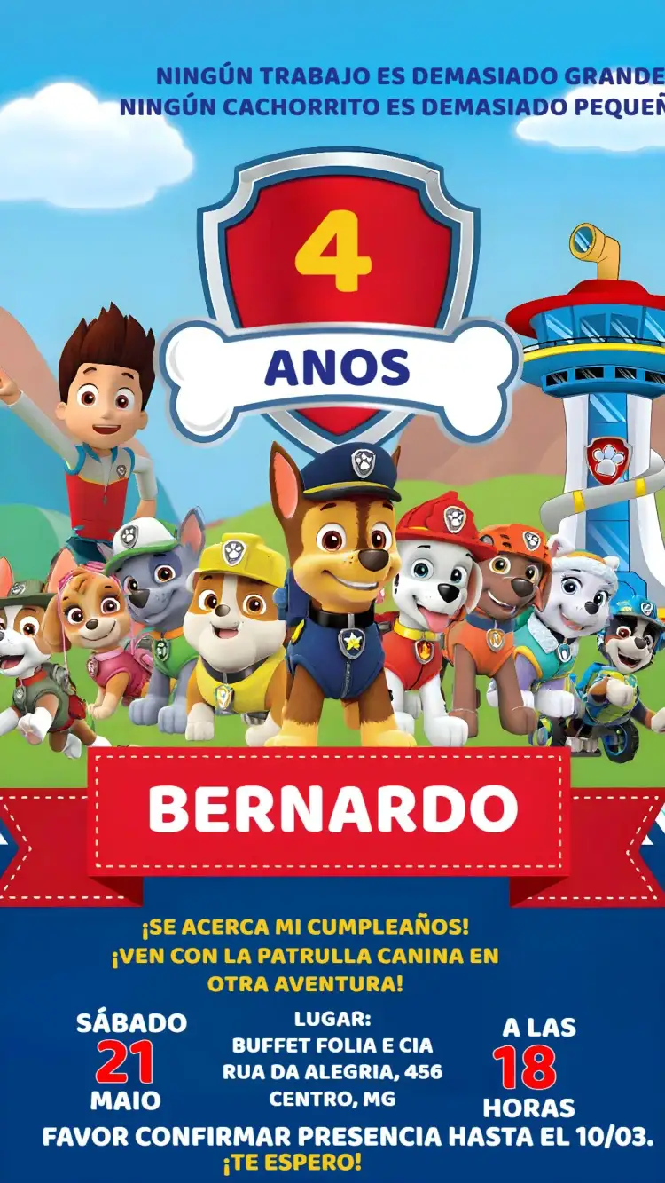 Invitación Patrulla Canina Infantil – tema Cumpleaños Infantil colorido, temático, divertido, infantil, moderno
