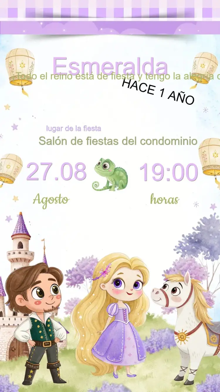 Invitación Invitación Cumpleaños Enredados Rapunzel – tema Cumpleaños Infantil colores pasteles, elementos florales, ilustraciones de princesas, estilo lúdico, detalles encantados