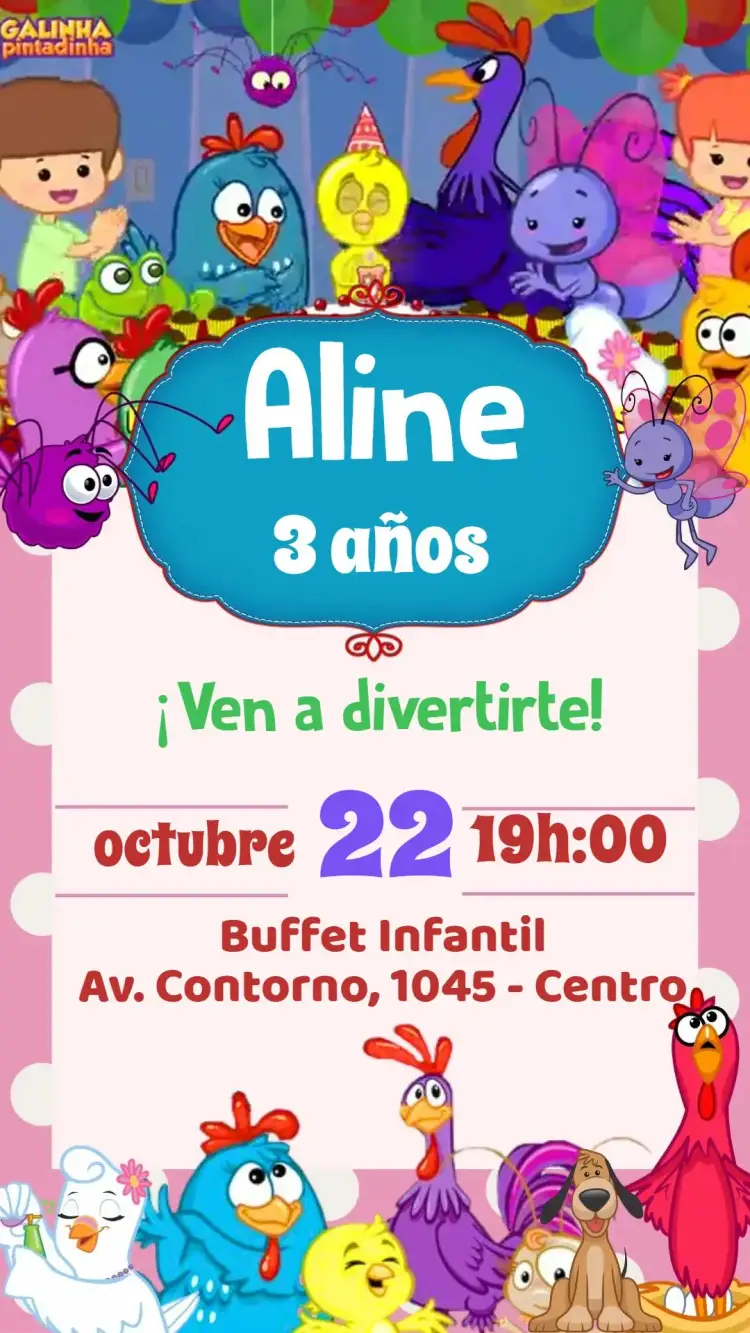 Invitación Gallina Pintadita – tema Cumpleaños Infantil colorido, divertido, lúdico, infantil, brincalhão, temático