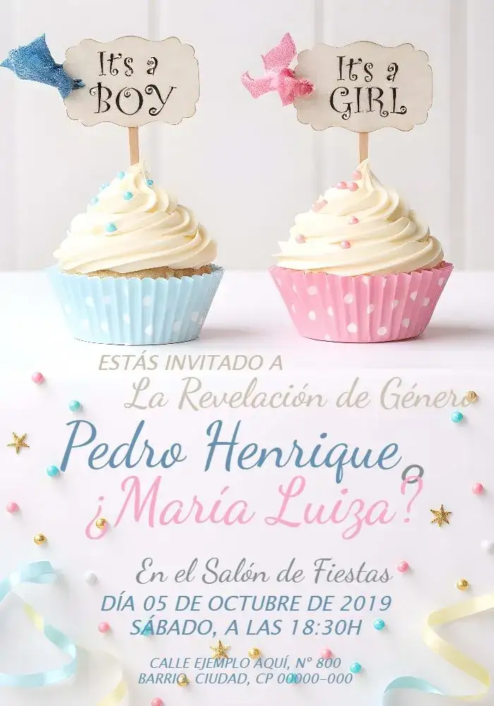 Invitación Cupcakes Azul Revelación de Género – tema Más buscados colorido, divertido, lúdico, moderno, doce, festivo