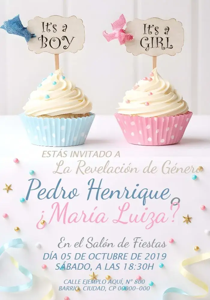 Invitación Cupcakes Azul Revelación de Género editable y personalizable