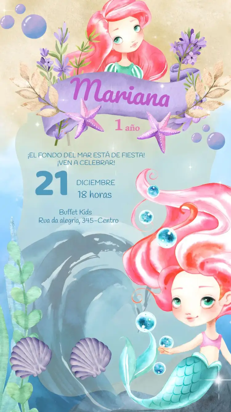 Invitación Sirena Fondo Del Mar Infantil – tema Cumpleaños Infantil acuarela, fondo marino, colores suaves, elementos marinos, estilo infantil, ilustraciones lúdicas