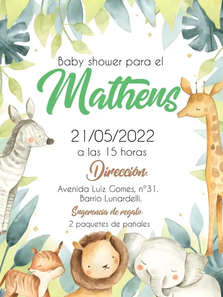Invitación Baby Shower Safari Acuarela Verde – tema Baby Shower safari, acuarela, naturaleza, animales, colores suaves, estilo infantil