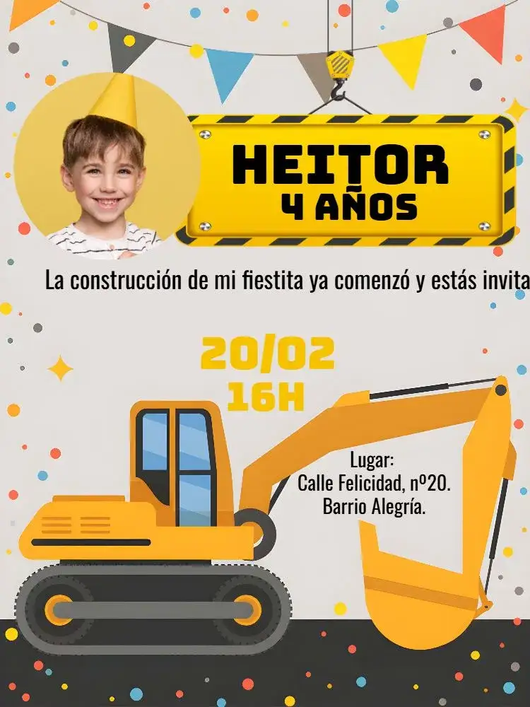 Invitación Construcción Máquina Con Foto Blanco – tema Té Rifa moderno, industrial, vibrante, minimalista, construtivo, dinámico