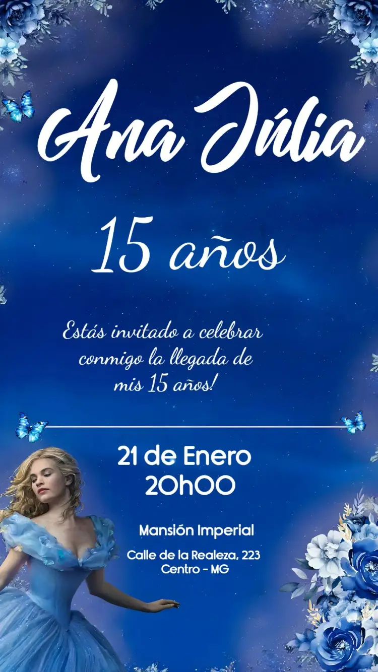 Invitación 15 Años Cenicienta Mariposa editable y personalizable