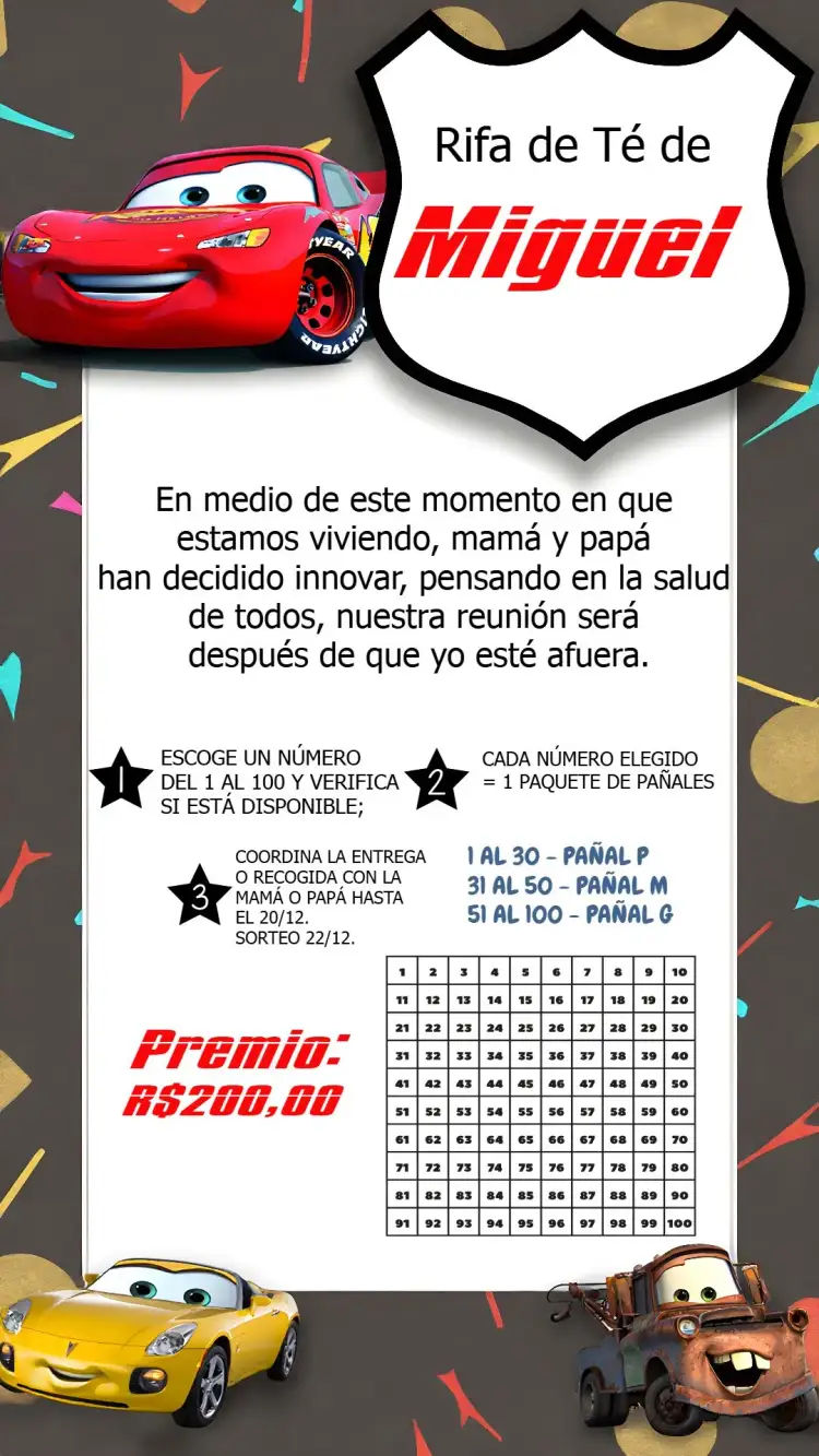 Invitación Chá Rifa Coches Cha – tema Té Rifa automovilístico, moderno, colorido, infantil, divertido, temático
