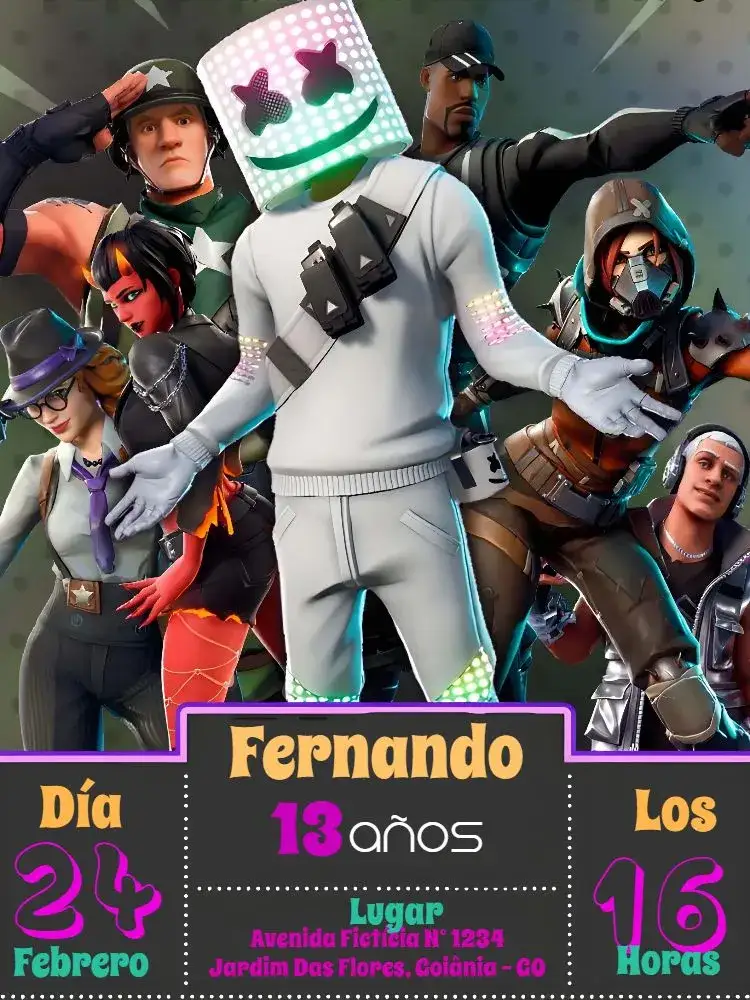 Invitación Fortnite Royal – tema Más buscados colorido, moderno, joven, divertido, interactivo