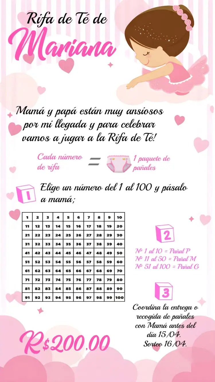 Invitación Té Rifa Bailarina Bebé – tema Té Rifa rosa, floral, balé, princesa, delicado, lúdico