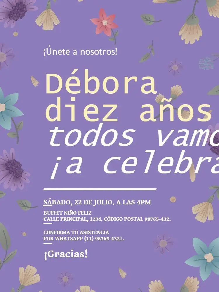 Invitación Femenino Morado Floral Oscuro editable y personalizable