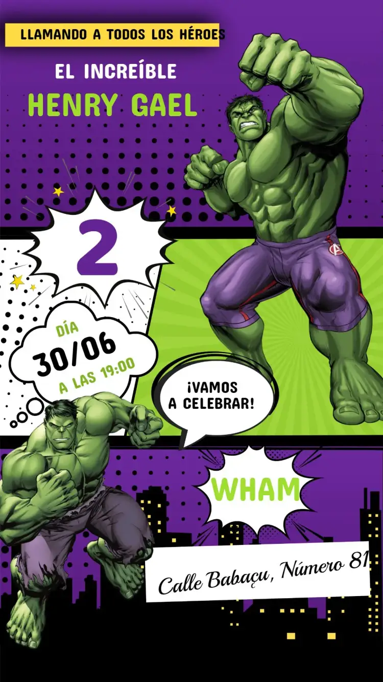 Invitación Invitación Cumpleaños Hulk – tema Cumpleaños Infantil superhéroe, verde vibrante, carnaval de colores, aventura, divertido, dinámico