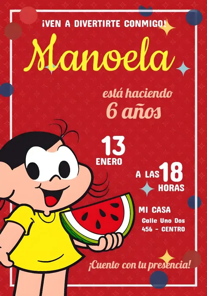 Invitación Magali Turma Da Mônica Sandía – tema Cumpleaños Infantil colorido, divertido, infantil, frutal, animado, turma da Mônica