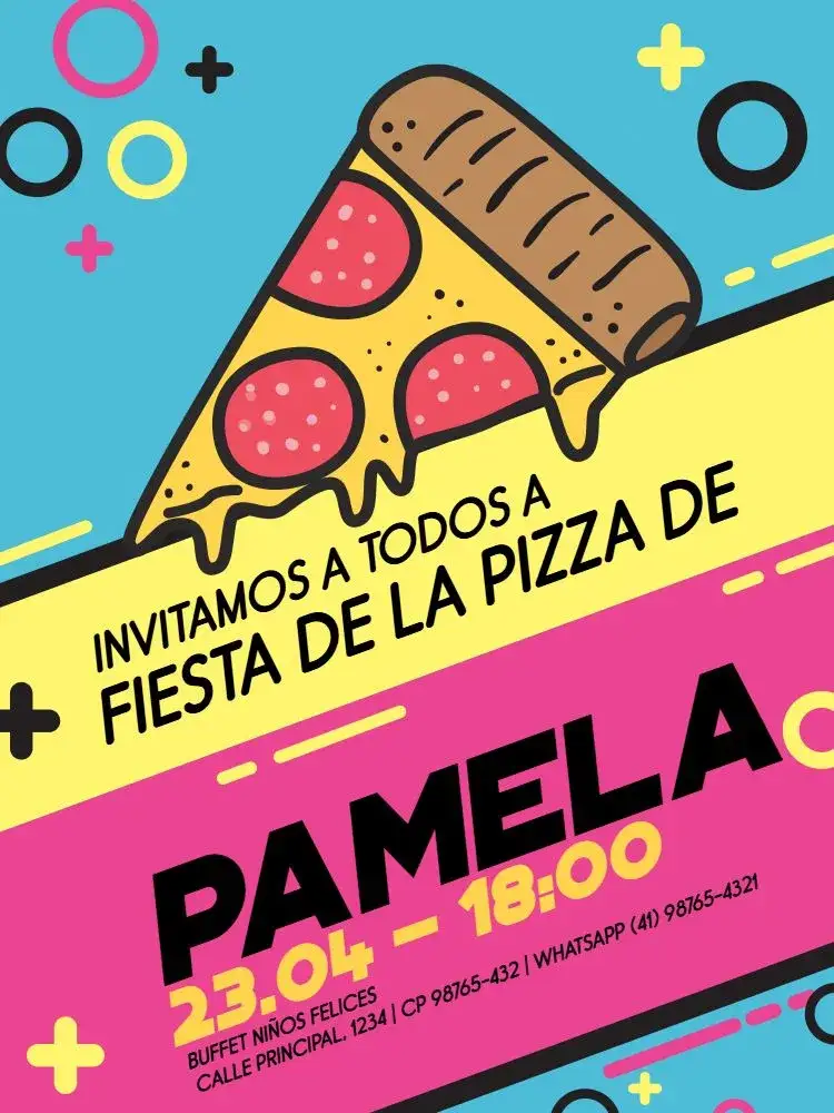 Invitación Con Tema Fiesta de Pizza Colorida – tema Cumpleaños Infantil colorido, moderno, geométrico, divertido, jovem, temático