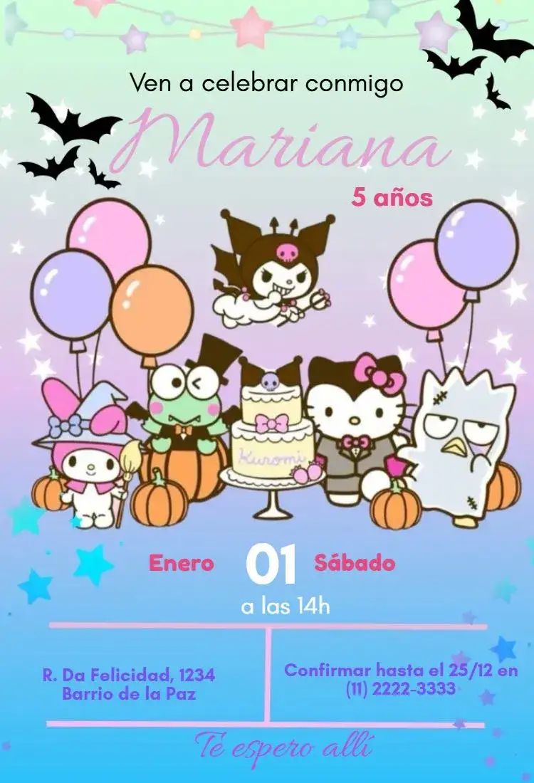 Invitación Cumpleaños de Kuromi – tema Más buscados rosa, púrpura, vampiro, divertido, temático, colorido