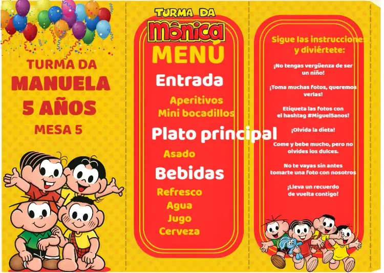 Invitación Menú Triángulo Turma Da Mônica Cebolinha editable y personalizable