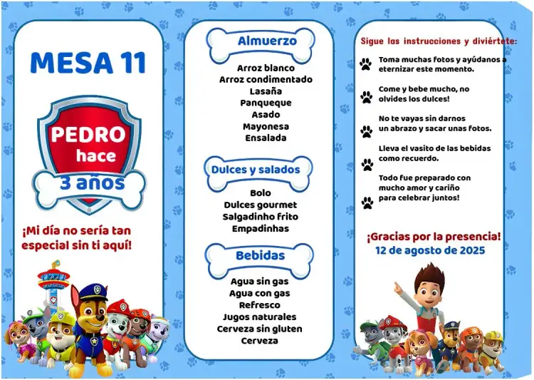 Invitación Menú Triángulo Patrulla Canina – tema Cumpleaños Infantil colorido, moderno, divertido, infantil, temático