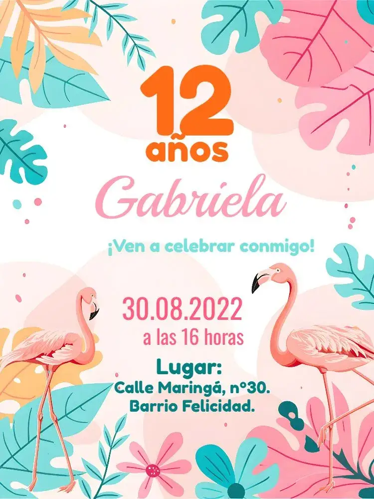 Invitación Tropical Rosa – tema Cumpleaños tropical, colorido, floral, verano, delicado