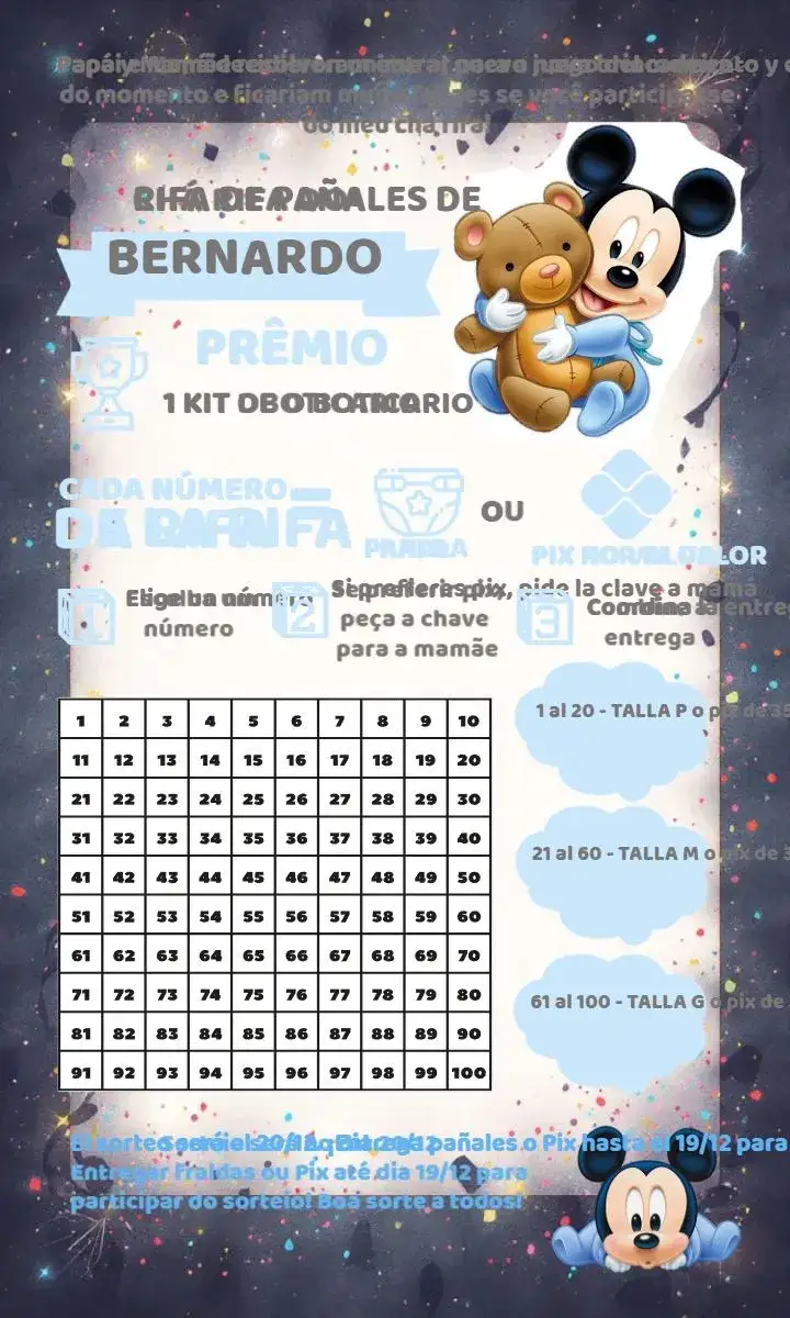 Invitación Chá Rifa Mickey Mouse Baby Preto – tema Té Rifa moderno, divertido, infantil, colorido, temático