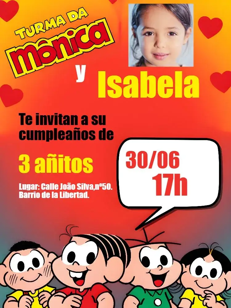 Invitación Turma De La Mónica Con Foto Blanco editable y personalizable