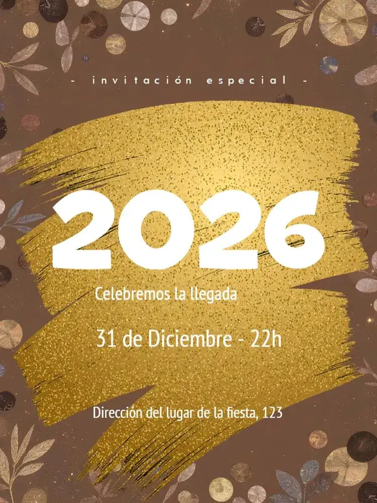 Invitación Año Nuevo Confraternización – tema Fechas Conmemorativas dorado, elegante, moderno, festivo, minimalista, brillo