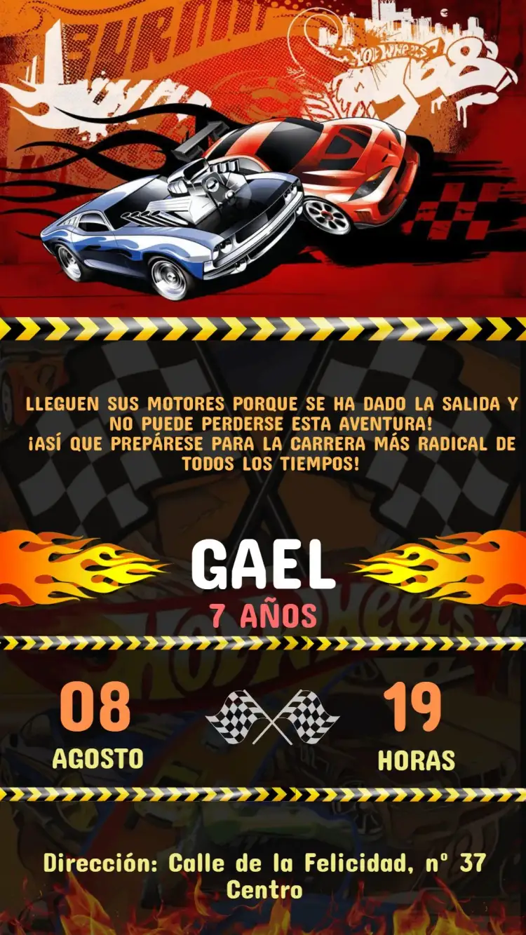 Invitación Invitación Digital Cumpleaños Hot Wheels Para Editar – tema Cumpleaños Infantil colores vibrantes, estilo moderno, elementos gráficos de carreras, tema Hot Wheels, diseño divertido
