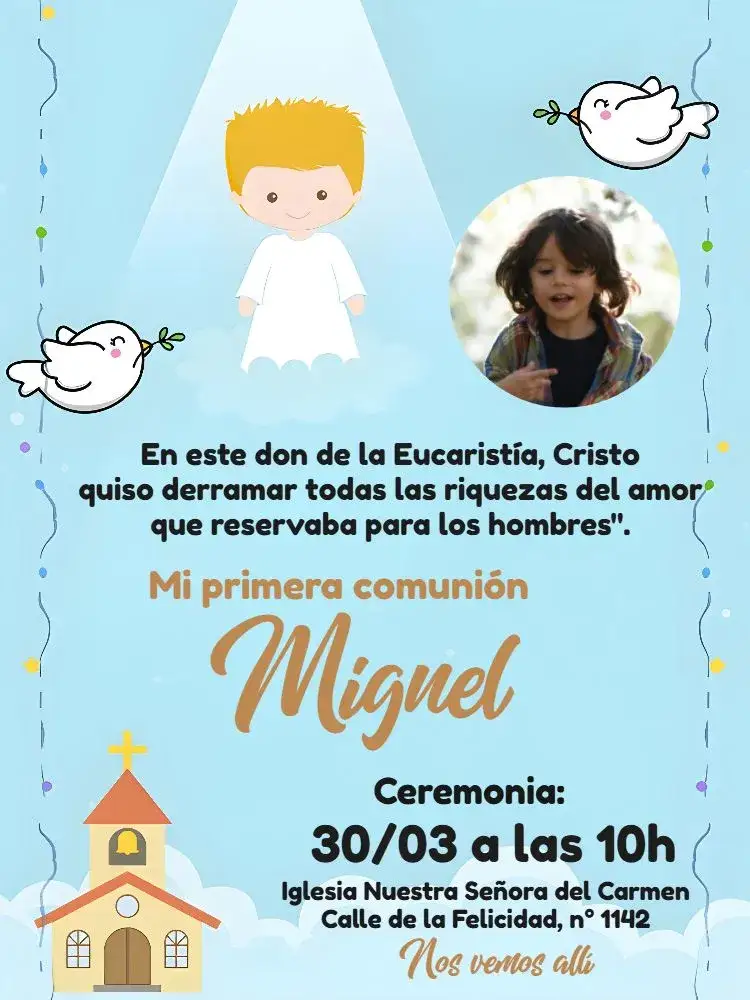 Invitación Primera Comunión Niño Con Foto Angelito – tema Primera Comunión azul suave, anjelitos, elementos católicos, diseño moderno, ilustraciones delicadas