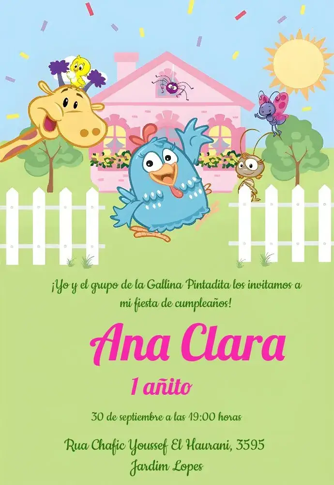 Invitación Gallina Pintadita Niña