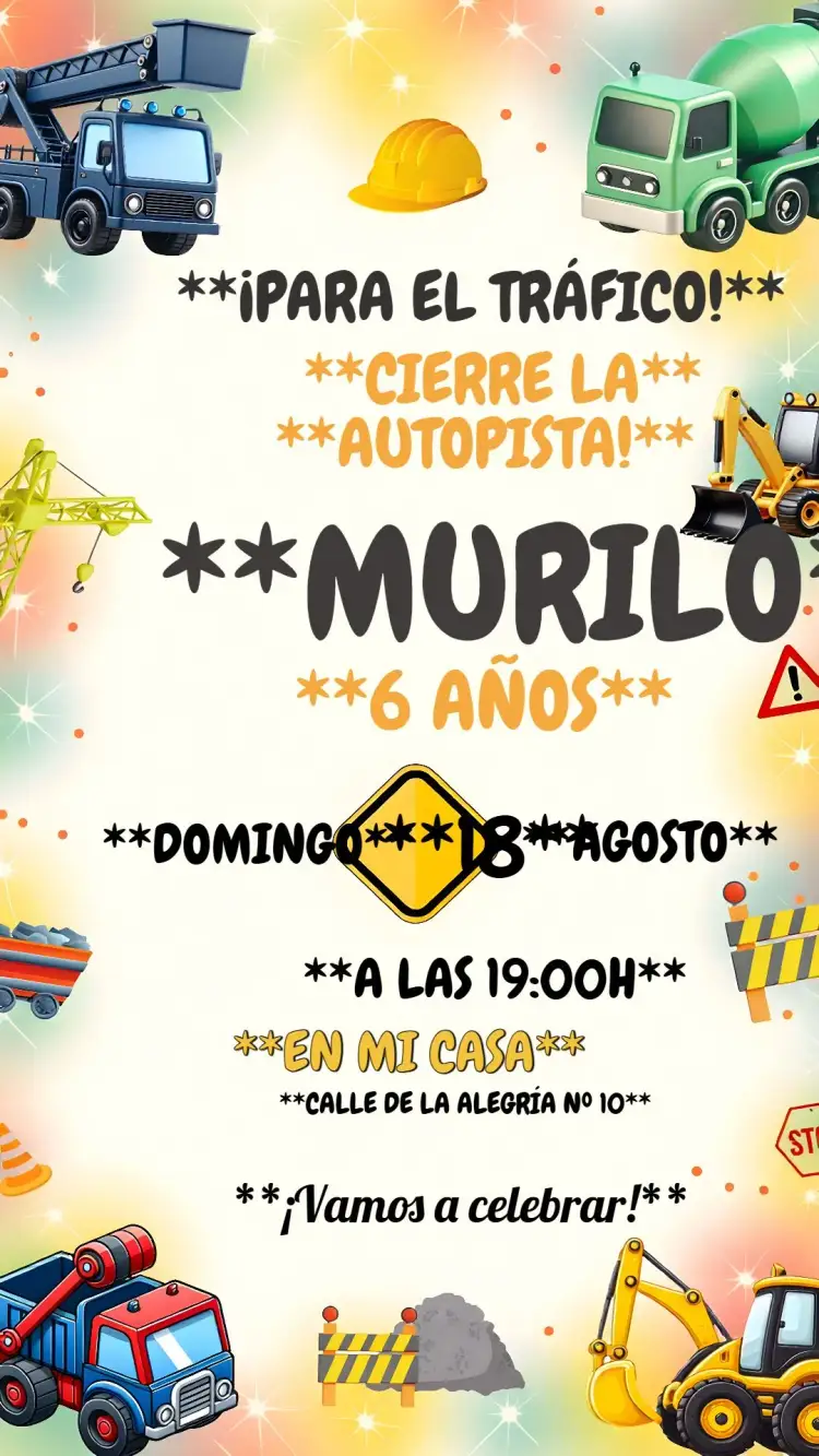 Invitación Máquinas Construcción Colorido – tema Té Rifa colorido, infantil, máquinas de construcción, divertido, tema rústico, ilustraciones animadas